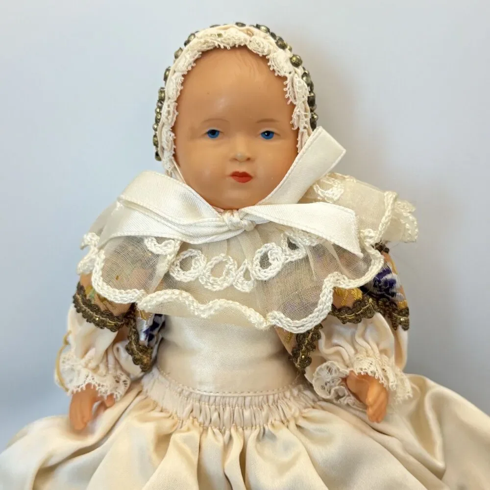 Vintage Bebe Breton French Celluloid Doll Green Velvet Dress Beaded Bonnet Lace